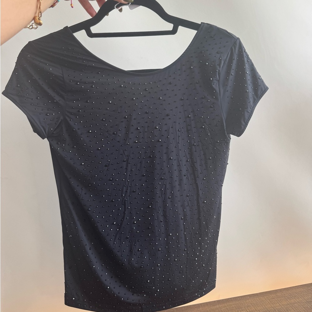 NWT Zara Black Rhinestone Bodysuit Top Size Small #0028